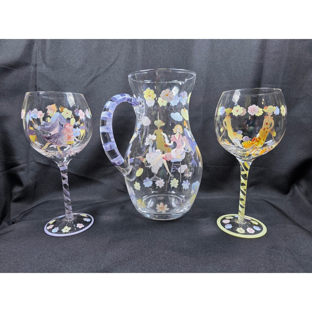 Whimsical Hand Painted Pitcher &‎ Wine Glasses Set Floral Lady Design